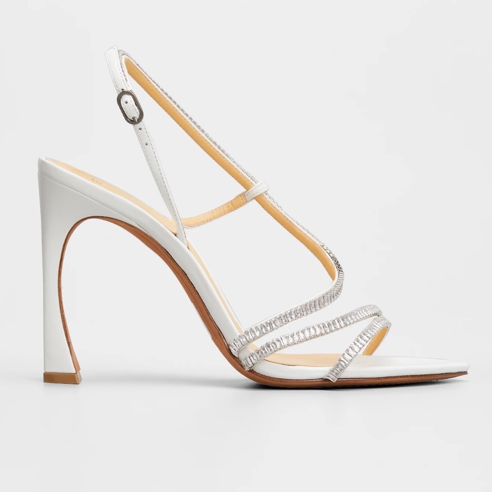 Alexandre Birman, Alana White Leather, Crystal Slingback Sandals, Size 39 EU
